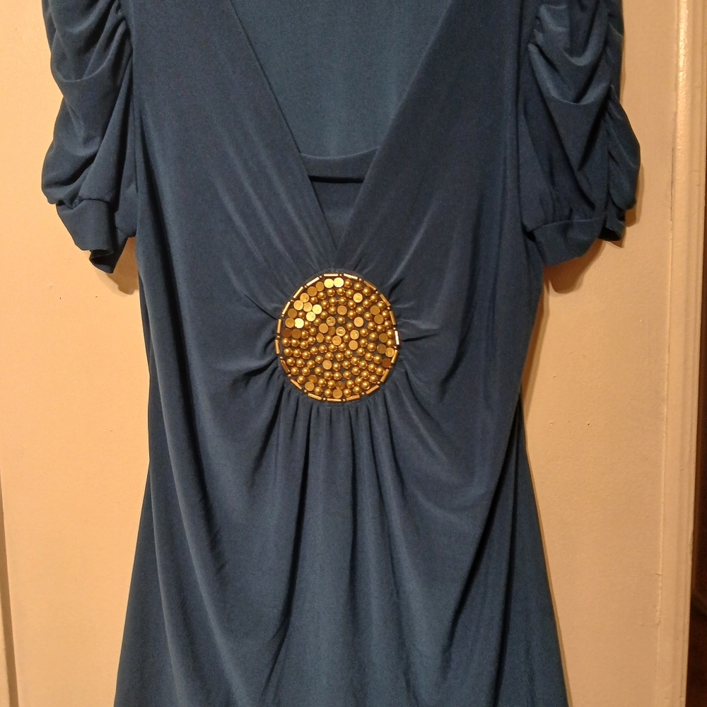 Elegant Deep Teal Layered Top with Gold Accent.